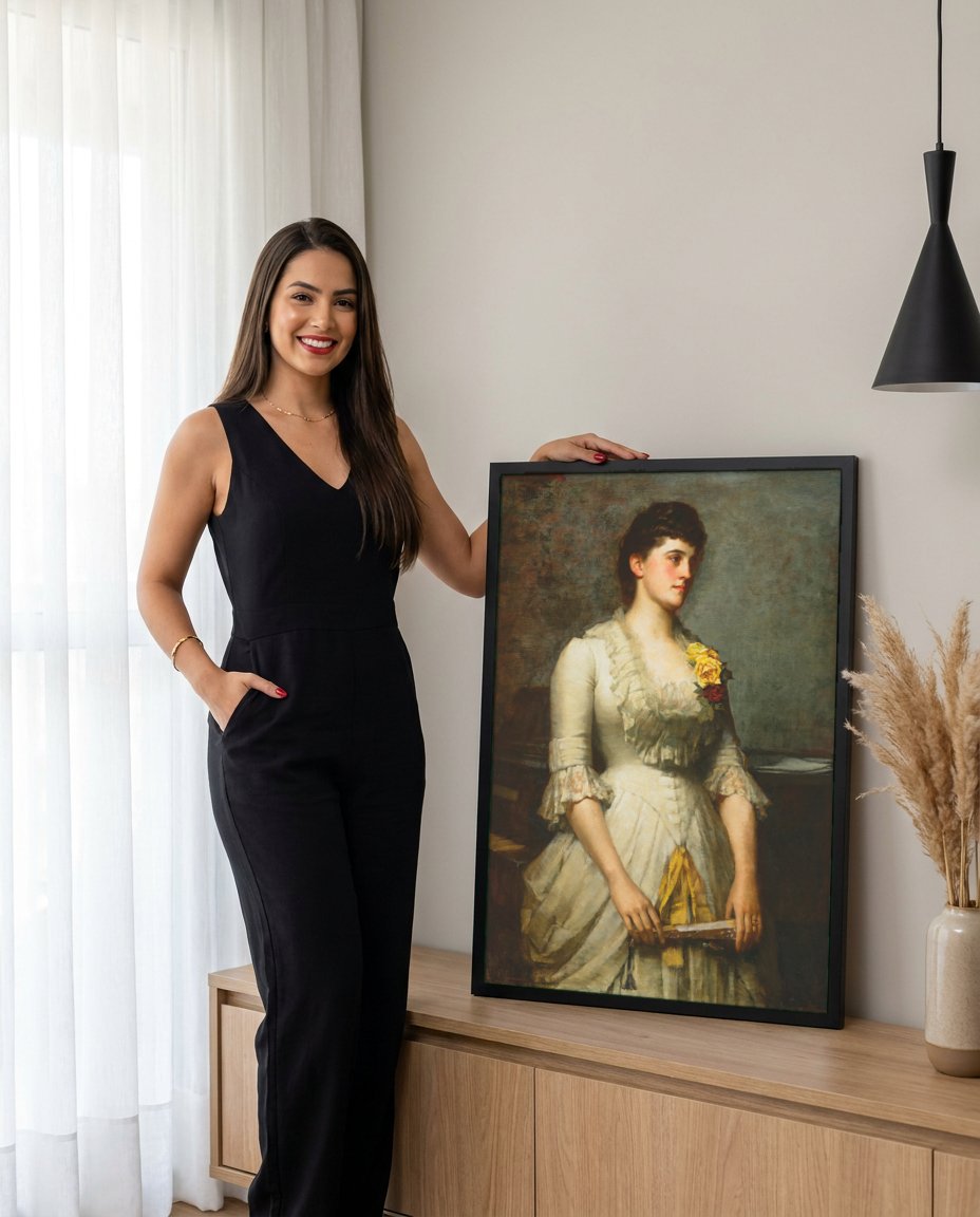 Quadro Decorativo Retrato Feminino - James Jebusa Shannon com modelo em ambiente