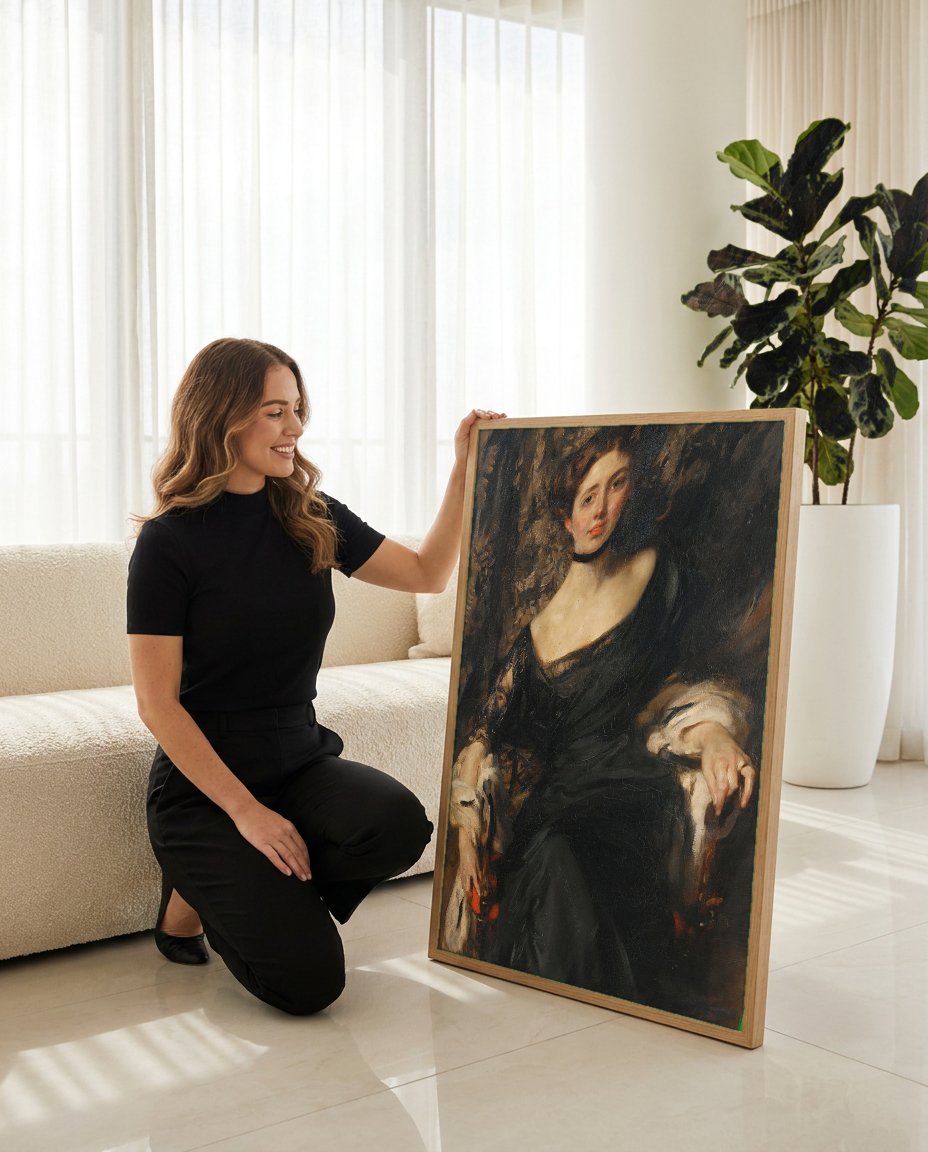 Quadro Decorativo Retrato Feminino - James Jebusa Shannon com modelo em ambiente