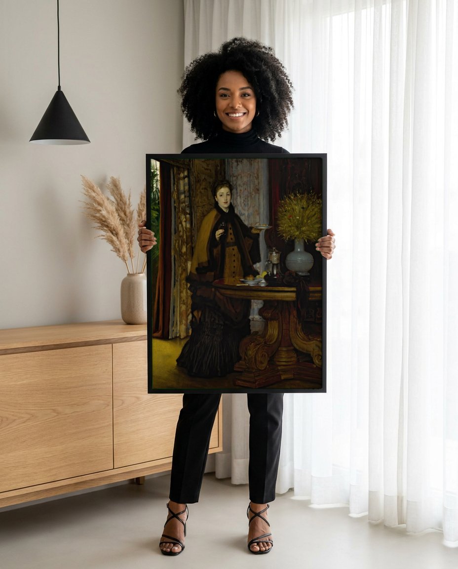 Quadro Decorativo Mulher com Vinho - James Tissot com modelo em ambiente