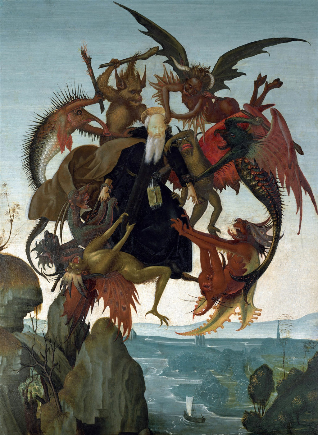 Quadro decorativo mostrando Santo Antão sendo atacado por demônios fantásticos e grotescos, com paisagem montanhosa ao fundo, obra de Michelangelo Buonarroti