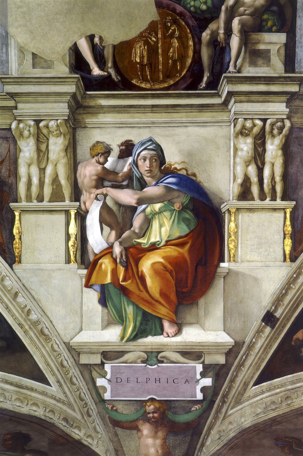 Quadro decorativo da Sibila Délfica, afresco de Michelangelo, com figura feminina em túnicas coloridas, olhar expressivo e pergaminho na mão, emoldurada por elementos arquitetônicos e outras figuras nuas.