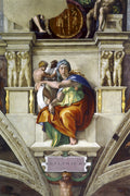 Quadro decorativo da Sibila Délfica, afresco de Michelangelo, com figura feminina em túnicas coloridas, olhar expressivo e pergaminho na mão, emoldurada por elementos arquitetônicos e outras figuras nuas.
