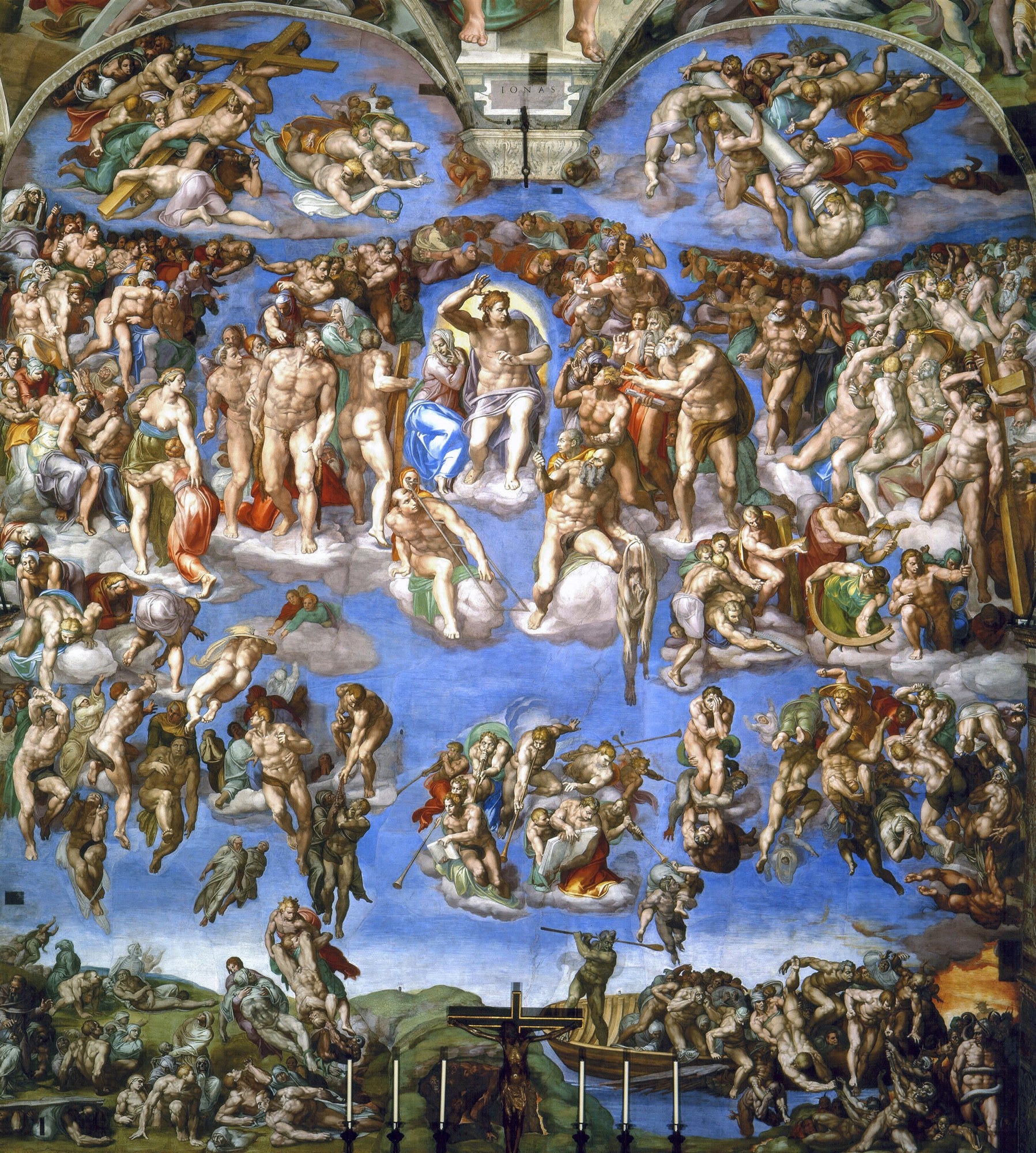 Quadro decorativo do Juízo Final de Michelangelo, afresco com inúmeras figuras nuas e seminuas flutuando no céu azul e terra em tons de ocre, com Cristo ao centro, Maria ao lado, e santos, anjos e demônios, representando a ressurreição e condenação das almas.