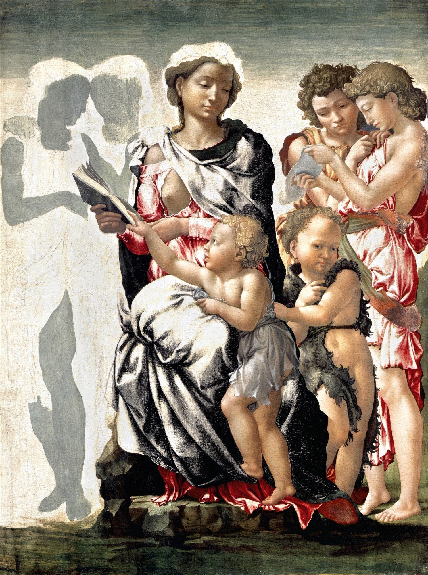 Impressão fine art da pintura 'A Sagrada Família com São João Batista', atribuída a Michelangelo Buonarroti. Retrata a Virgem Maria com o Menino Jesus e São João Batista, com figuras adicionais ao fundo, em um estilo clássico renascentista.