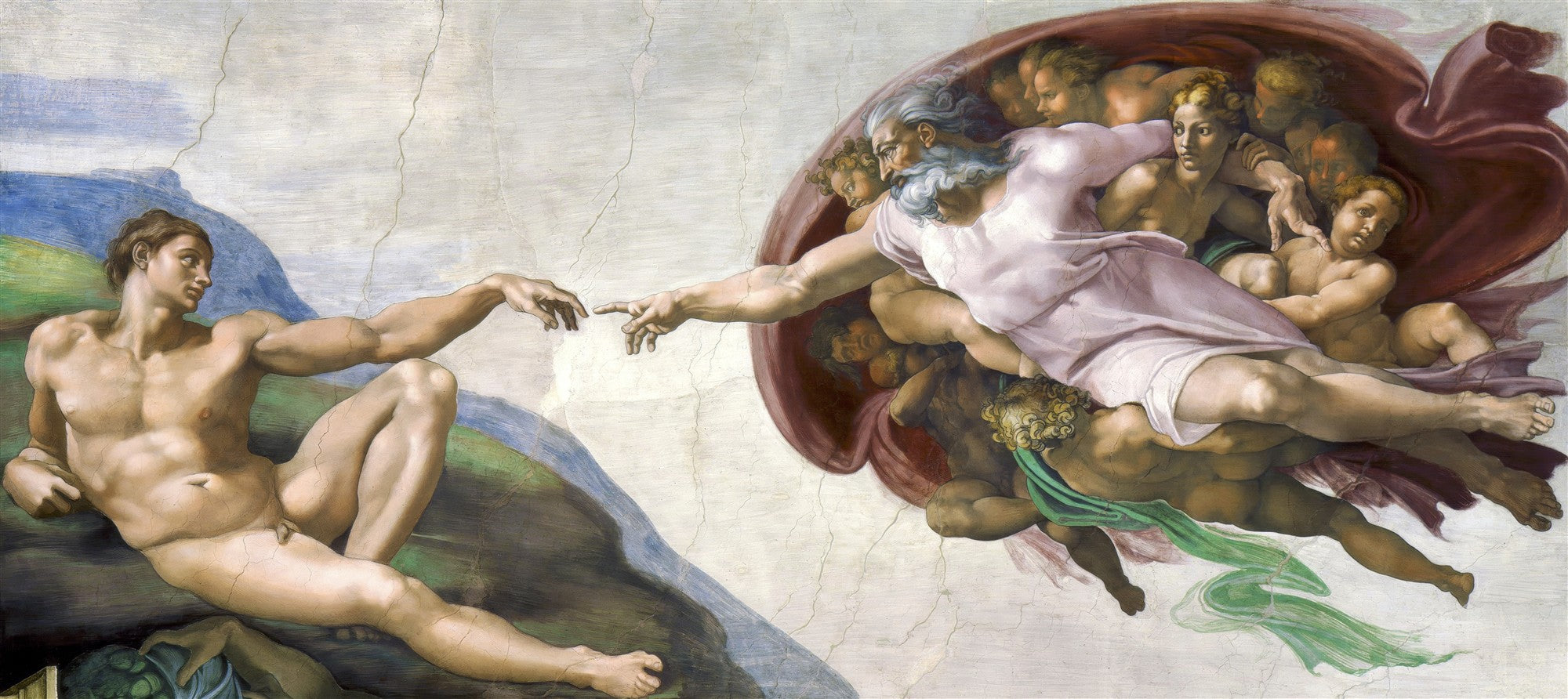 Quadro decorativo 'A Criação de Adão' de Michelangelo, mostrando Deus e Adão estendendo os dedos para se tocarem, em afresco renascentista.