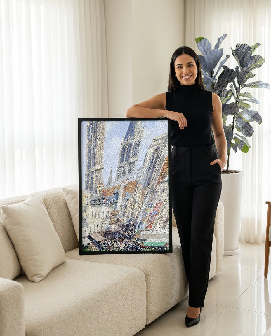 Quadro Decorativo Mercado de Rouen - Camille Pissarro com modelo em ambiente