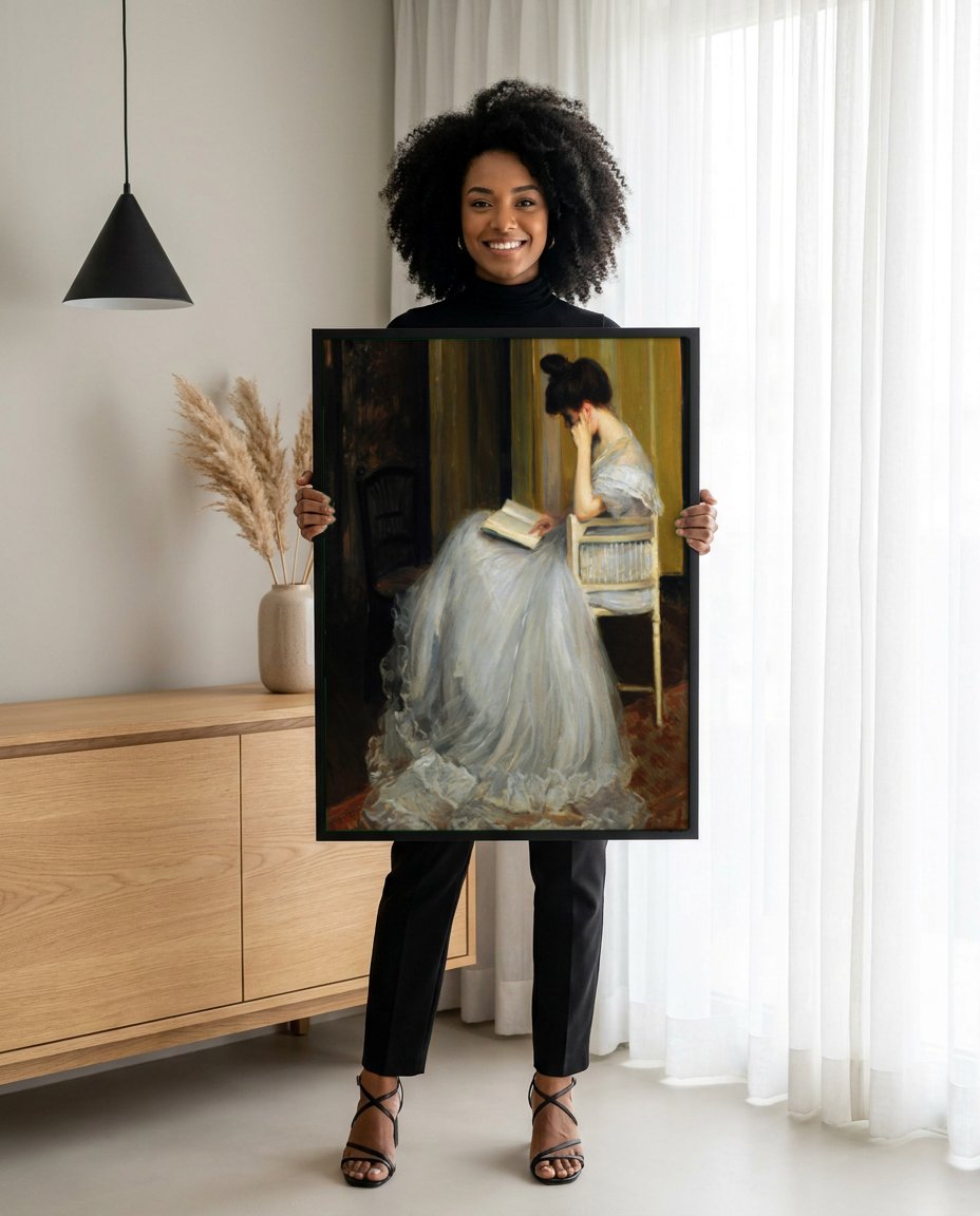Quadro Decorativo A Leitora - Jacques Émile Blanche com modelo em ambiente