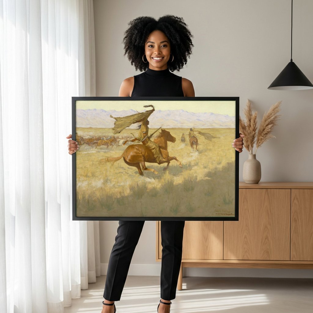 Quadro Decorativo A Carga – Frederic Remington com modelo em ambiente