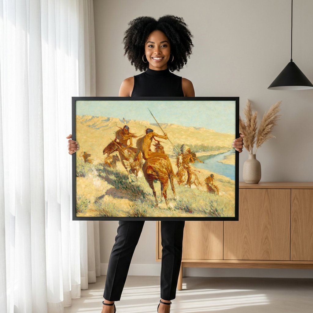Quadro Decorativo A Carga - Frederic Remington com modelo em ambiente
