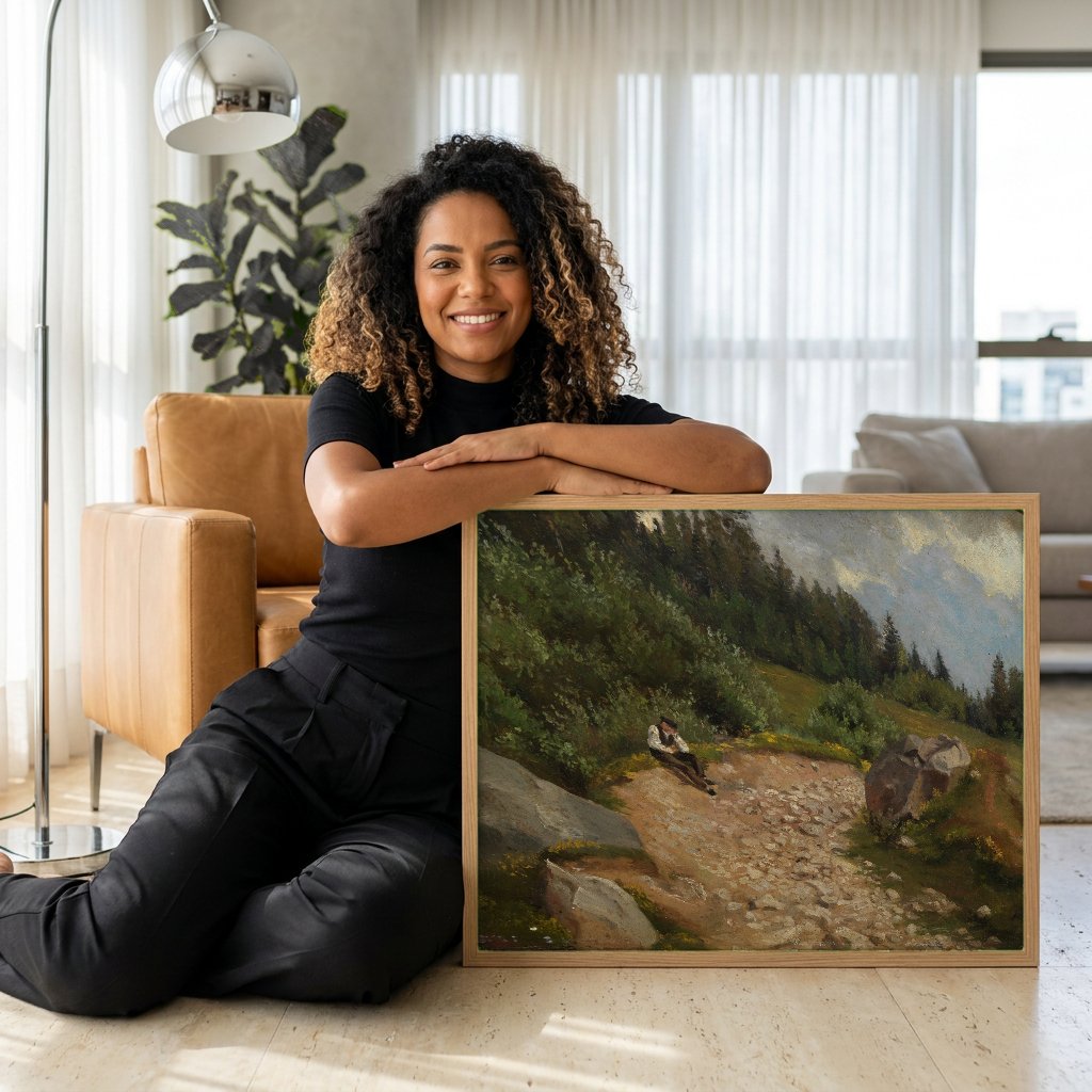 Quadro Decorativo Homem Sentado em Caminho Rural - Hans Thoma com modelo em ambiente