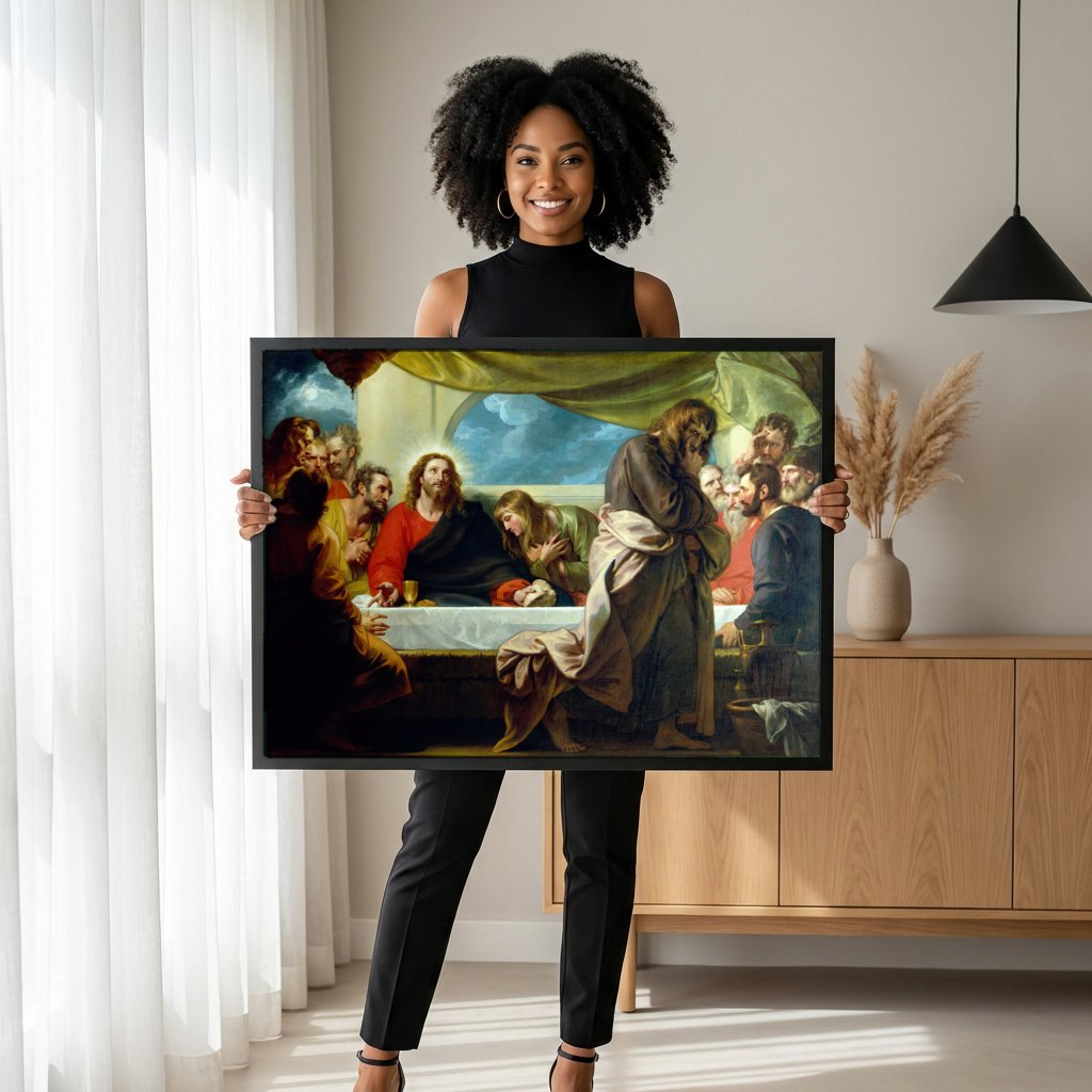 Quadro Decorativo A Última Ceia - Benjamin West com modelo em ambiente