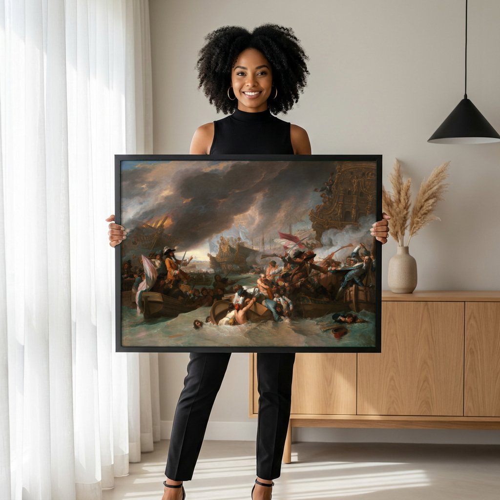 Quadro Decorativo Batalha Naval - Benjamin West com modelo em ambiente