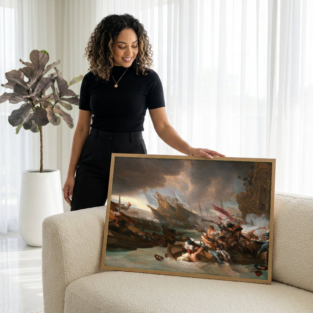 Quadro Decorativo Batalha Naval - Benjamin West com modelo em ambiente