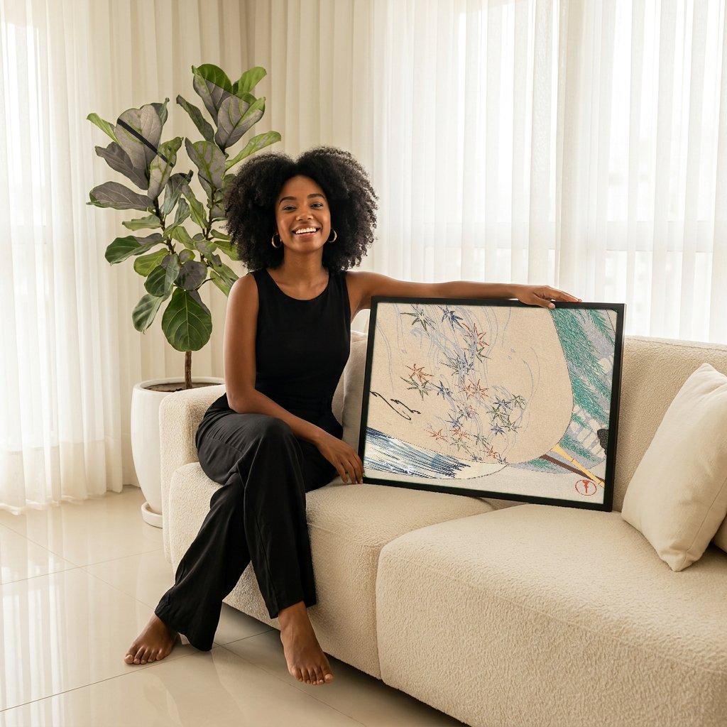 Quadro Decorativo Leques Japoneses - Kamisaka Sekka com modelo em ambiente