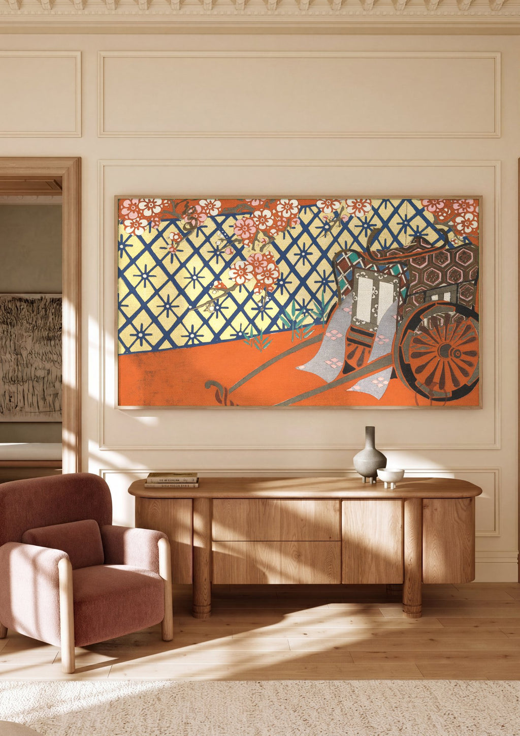 Quadro Decorativo Carroça e Flores - Kamisaka Sekka em ambiente decorado