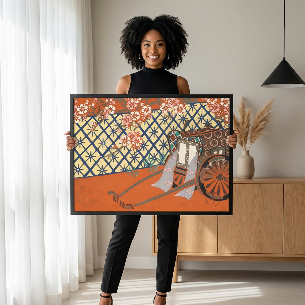 Quadro Decorativo Carroça e Flores - Kamisaka Sekka com modelo em ambiente