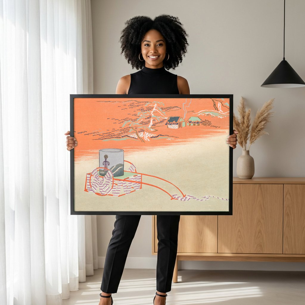 Quadro Decorativo Japonês Abstrato - Kamisaka Sekka com modelo em ambiente