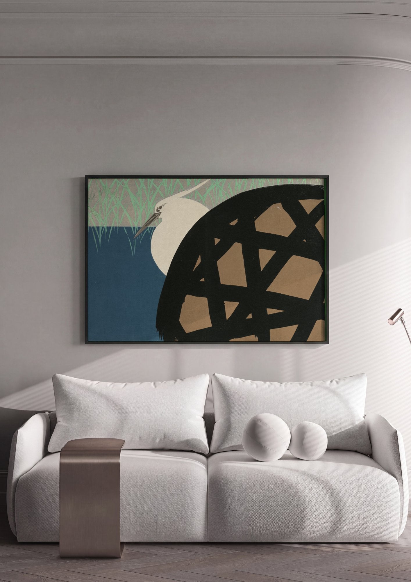 Quadro Decorativo Garça e Reflexos - Kamisaka Sekka em ambiente decorado