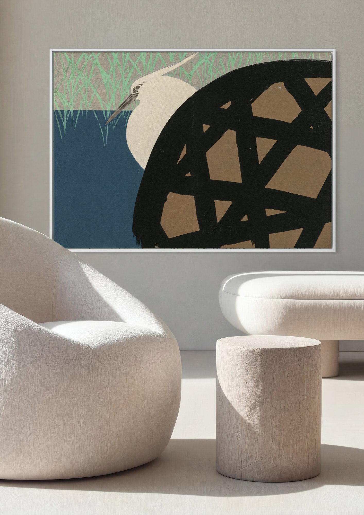 Quadro Decorativo Garça e Reflexos - Kamisaka Sekka em ambiente decorado