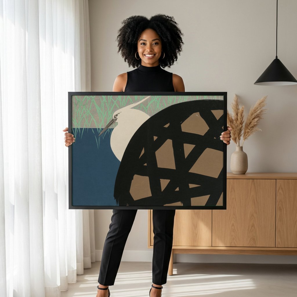Quadro Decorativo Garça e Reflexos - Kamisaka Sekka com modelo em ambiente