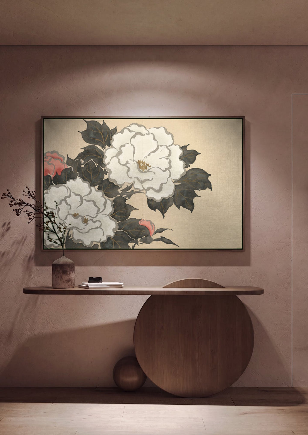 Quadro Decorativo Flores de Peônia - Kamisaka Sekka em ambiente decorado