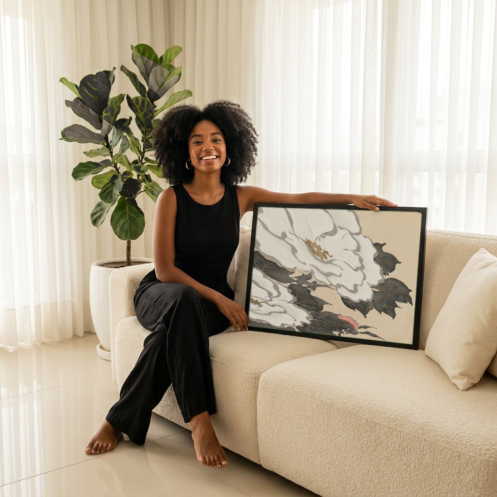 Quadro Decorativo Flores de Peônia - Kamisaka Sekka com modelo em ambiente
