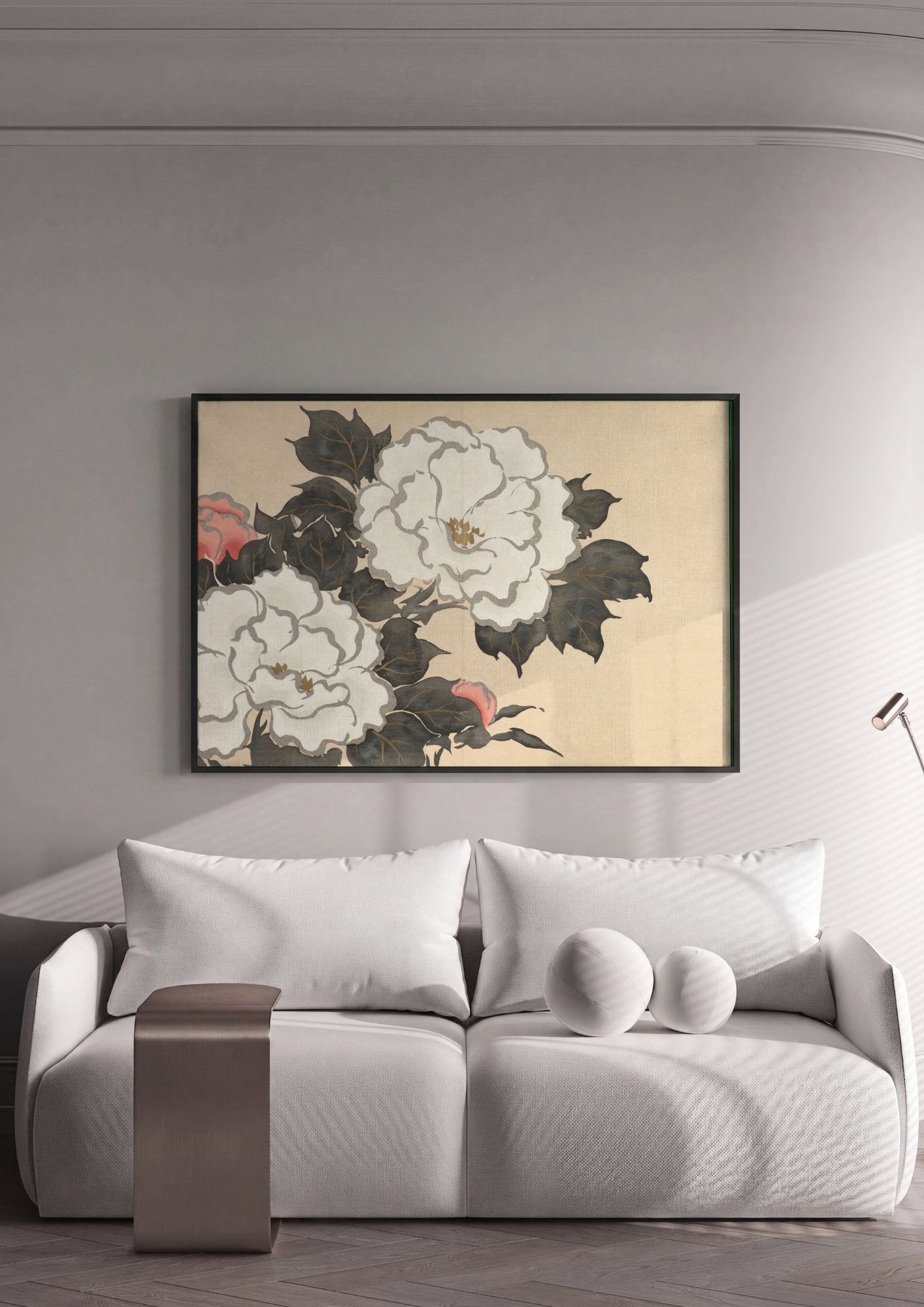 Quadro Decorativo Flores de Peônia - Kamisaka Sekka em ambiente decorado