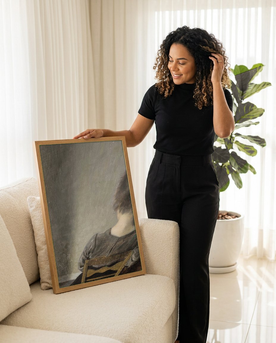 Quadro Decorativo Mulher de Costas - Hammershøi com modelo em ambiente