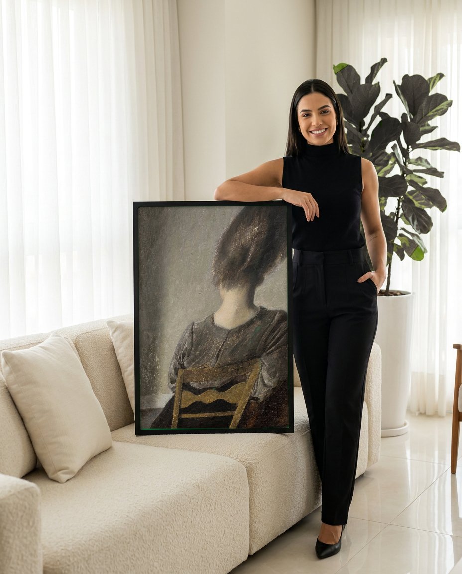 Quadro Decorativo Mulher de Costas - Hammershøi com modelo em ambiente