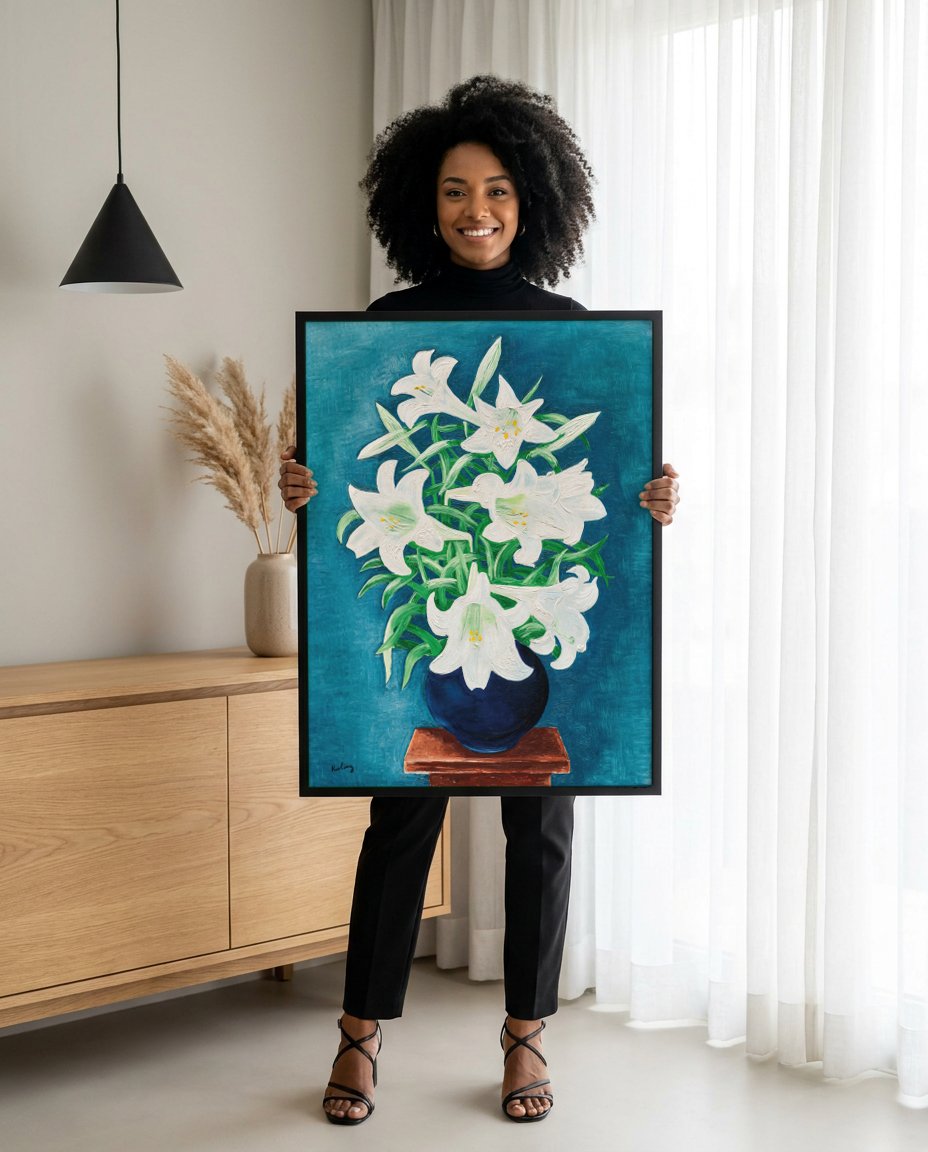 Quadro Decorativo Lírios em Vaso Azul - Moïse Kisling com modelo em ambiente