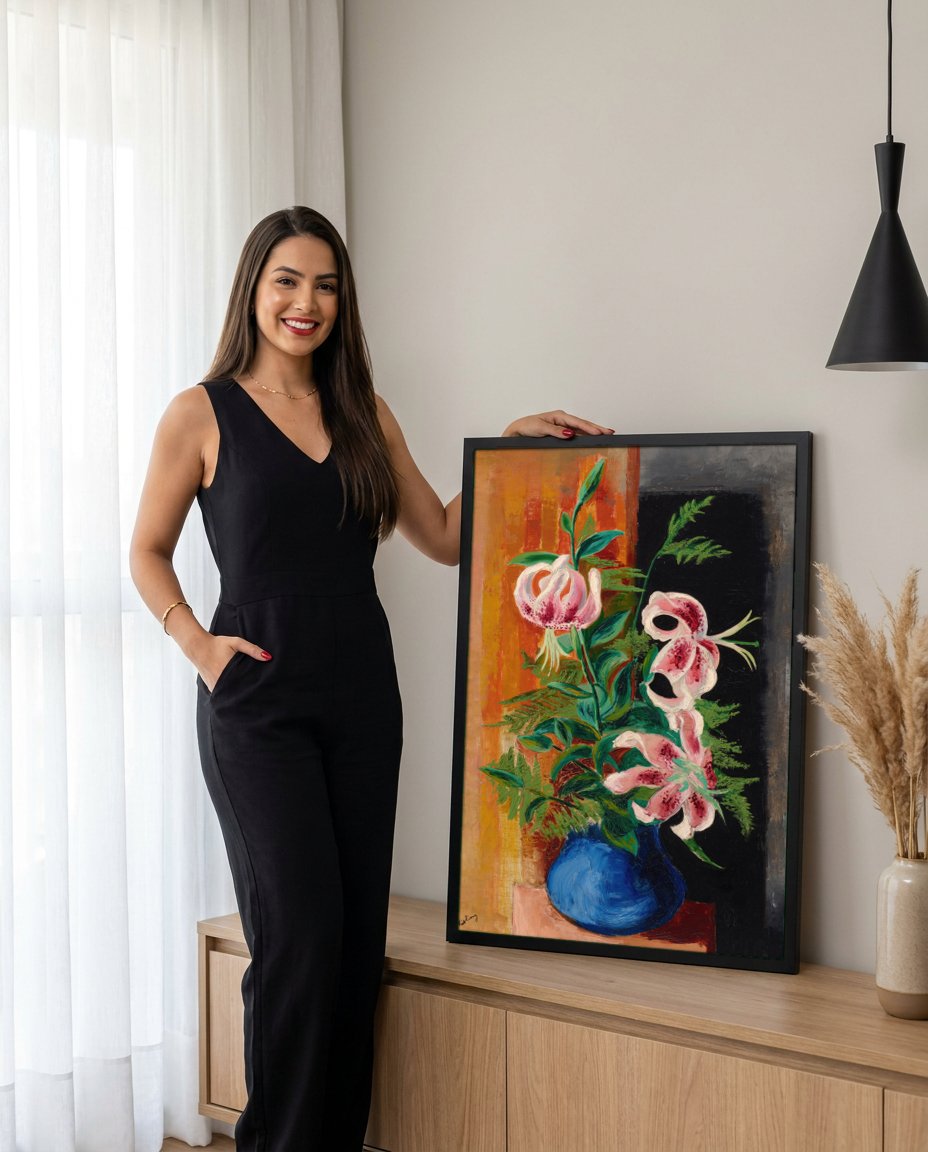 Quadro Decorativo Lírios em Vaso Azul - Moïse Kisling com modelo em ambiente