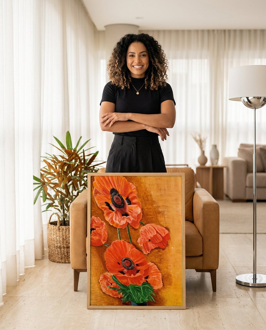 Quadro Decorativo Papoulas Vibrantes - Moïse Kisling com modelo em ambiente