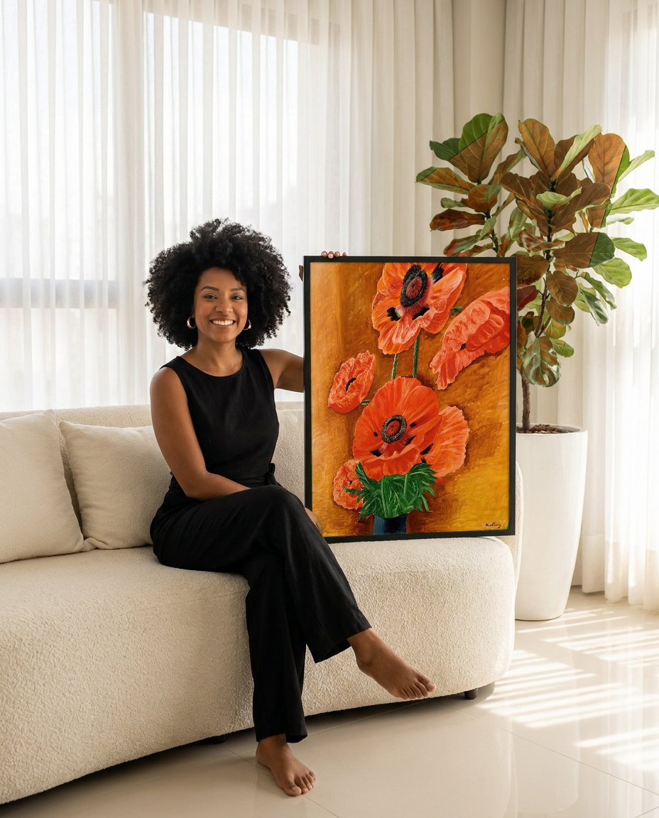 Quadro Decorativo Papoulas Vibrantes - Moïse Kisling com modelo em ambiente