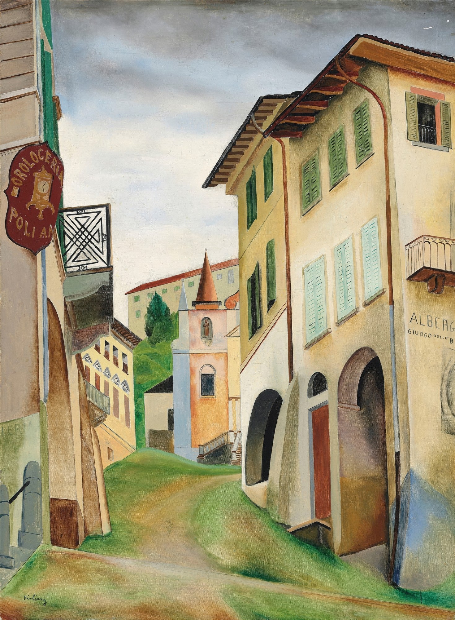 Pintura a óleo de uma rua sinuosa em um vilarejo italiano, com casas de fachadas coloridas, persianas verdes e azuis, e uma torre com telhado laranja ao fundo. Céu nublado e vegetação verde. A assinatura 'Kisling' é visível no canto inferior esquerdo.