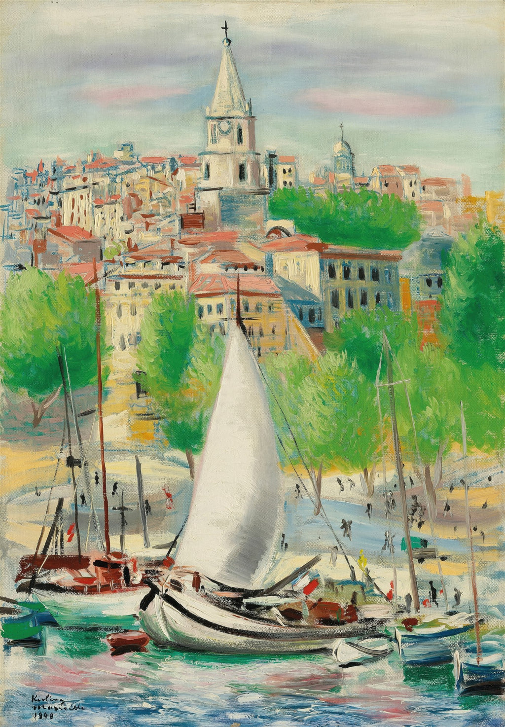 Pintura a óleo de Moïse Kisling retratando uma paisagem costeira de Marselha com barcos à vela em primeiro plano e uma cidade com uma torre de igreja ao fundo.