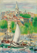 Pintura a óleo de Moïse Kisling retratando uma paisagem costeira de Marselha com barcos à vela em primeiro plano e uma cidade com uma torre de igreja ao fundo.