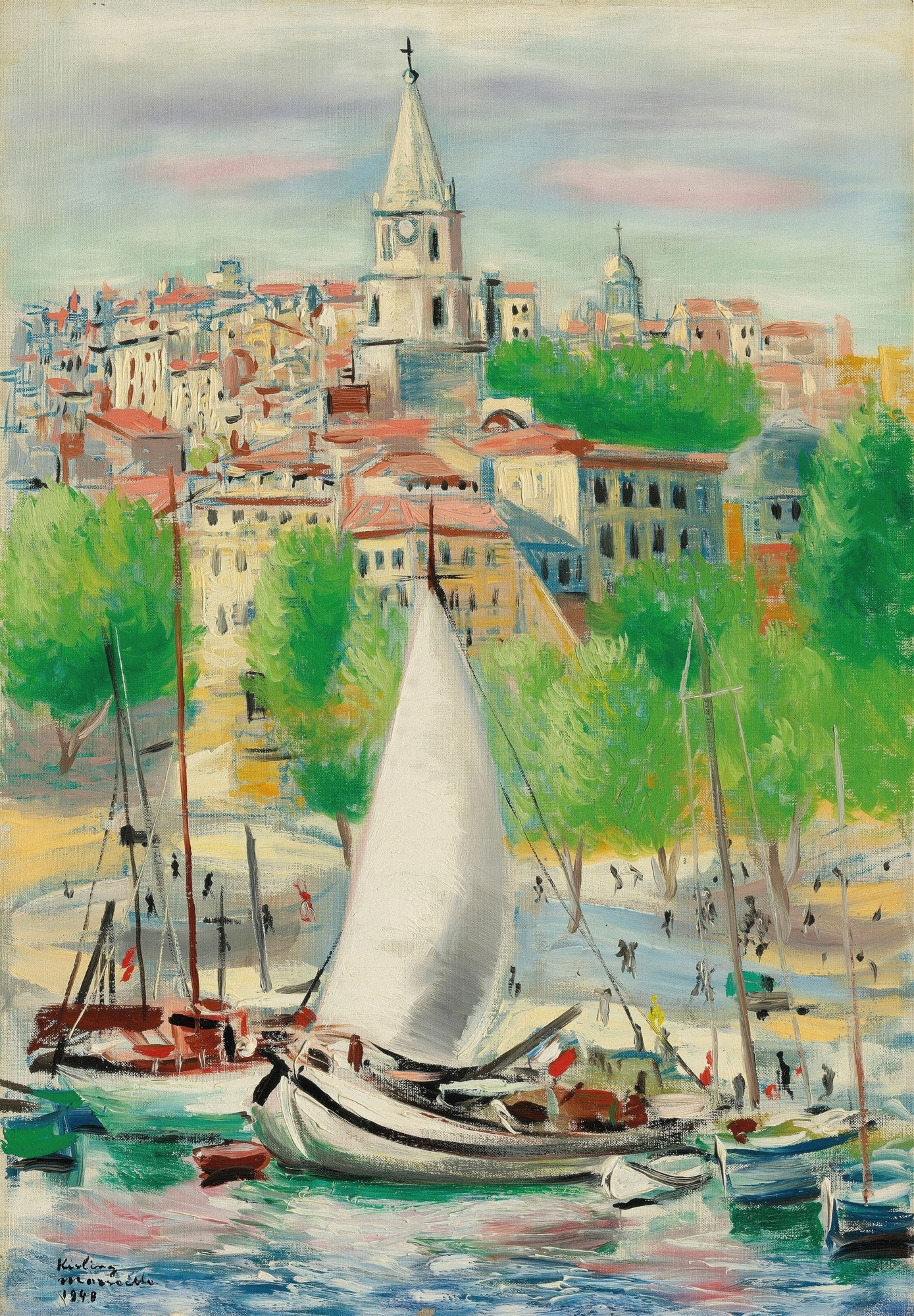 Pintura a óleo de Moïse Kisling retratando uma paisagem costeira de Marselha com barcos à vela em primeiro plano e uma cidade com uma torre de igreja ao fundo.