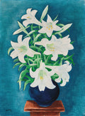 Quadro decorativo com lírios brancos em vaso azul escuro sobre fundo azul-petróleo. Assinatura 'Kisling' no canto inferior esquerdo.