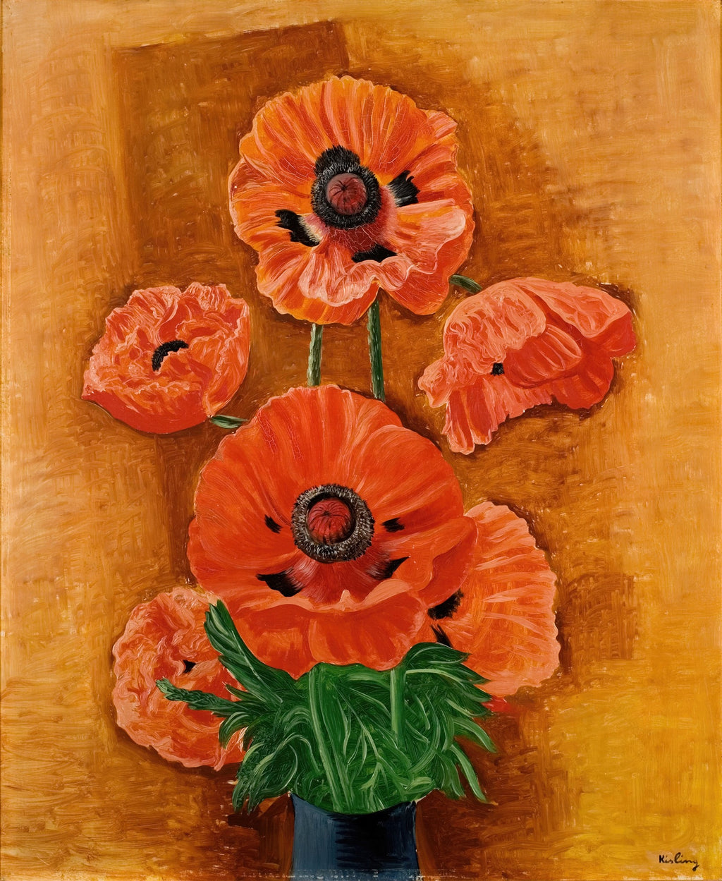 Pintura a óleo de Moïse Kisling mostrando um vaso com cinco papoulas laranjas e vermelhas vibrantes com centros escuros, sobre um fundo em tons de ocre e marrom.