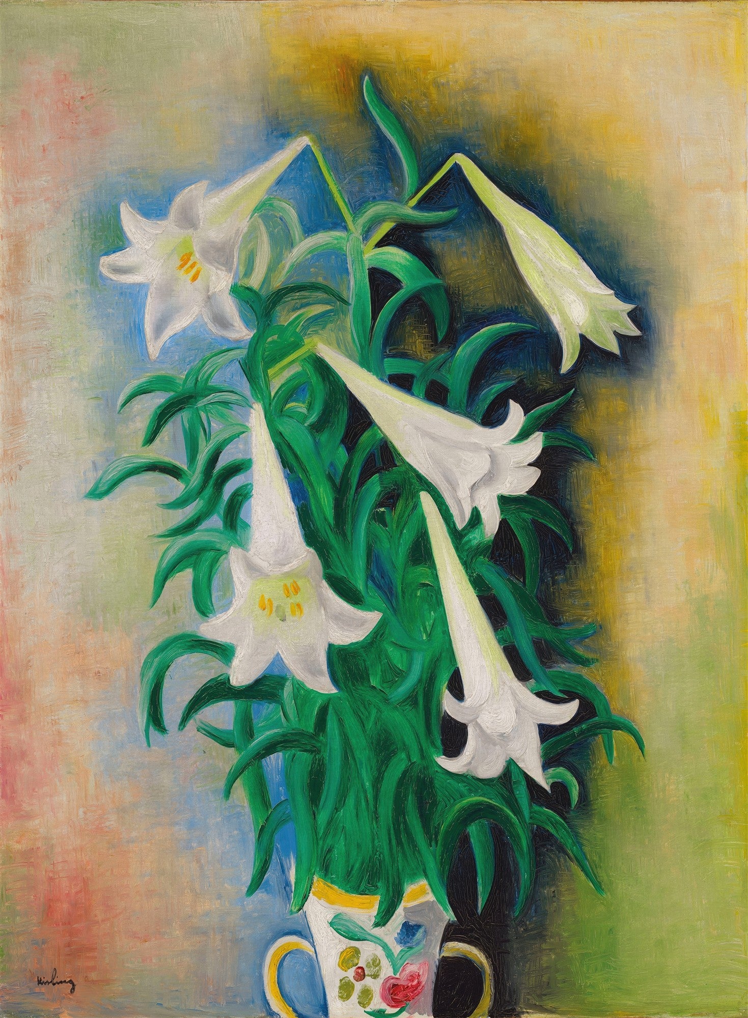 Quadro decorativo com pintura de lírios brancos em um vaso decorado, atribuída a Moïse Kisling. A obra apresenta flores brancas de lírio com folhas verdes vibrantes em um vaso branco com detalhes florais coloridos, sobre um fundo abstrato em tons de azul, amarelo e rosa.