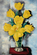Quadro decorativo com um vaso de tulipas amarelas vibrantes, pintadas no estilo expressivo de Moïse Kisling, sobre um fundo em tons de azul e cinza com pinceladas marcadas.