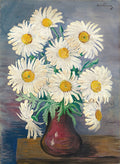 Quadro decorativo com um vaso de margaridas brancas de miolo amarelo sobre uma mesa de madeira, fundo azul acinzentado, estilo de pintura impressionista ou pós-impressionista com pinceladas visíveis, assinado 'Kisling' no canto superior direito.