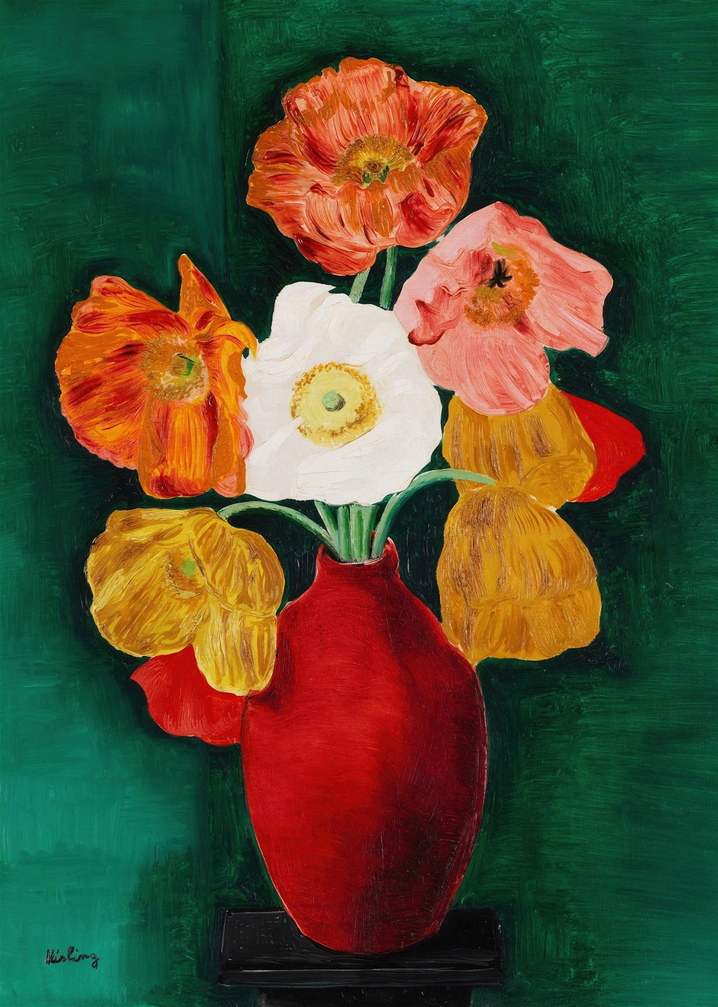 Quadro decorativo com um vaso vermelho contendo um buquê de papoulas em tons de laranja, branco e amarelo, sobre um fundo verde escuro, assinado por Kisling.