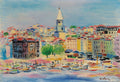 Pintura vibrante de Moïse Kisling retratando um porto mediterrâneo com casas coloridas, barcos e uma torre de igreja sob um céu azul claro.