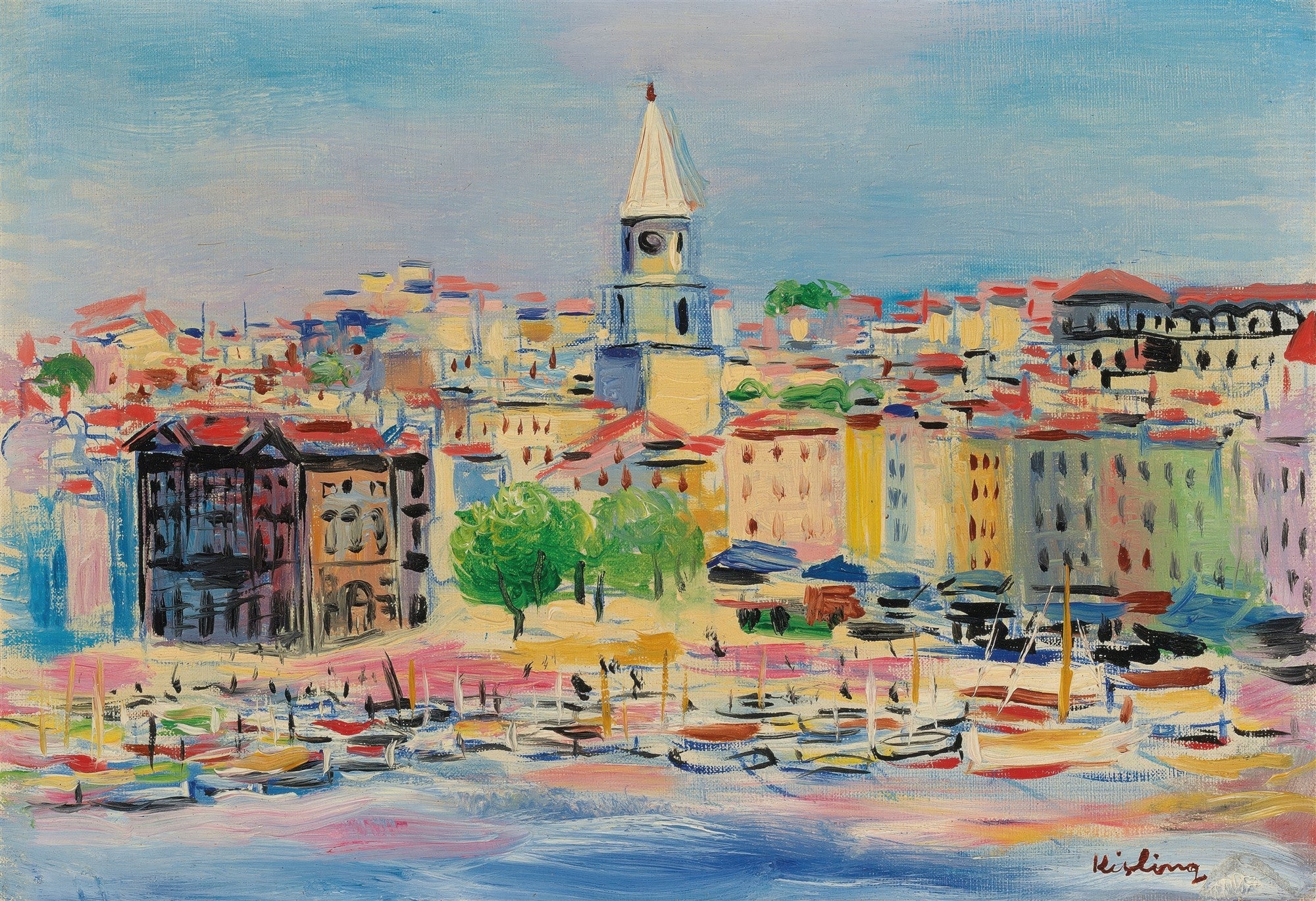 Pintura vibrante de Moïse Kisling retratando um porto mediterrâneo com casas coloridas, barcos e uma torre de igreja sob um céu azul claro.