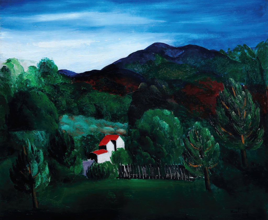 Quadro decorativo paisagem noturna ou entardecer com casa branca e telhado vermelho em meio a floresta densa e montanhas escuras, céu azul escuro com nuvens esbranquiçadas, obra atribuída a Moïse Kisling