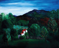 Quadro decorativo paisagem noturna ou entardecer com casa branca e telhado vermelho em meio a floresta densa e montanhas escuras, céu azul escuro com nuvens esbranquiçadas, obra atribuída a Moïse Kisling