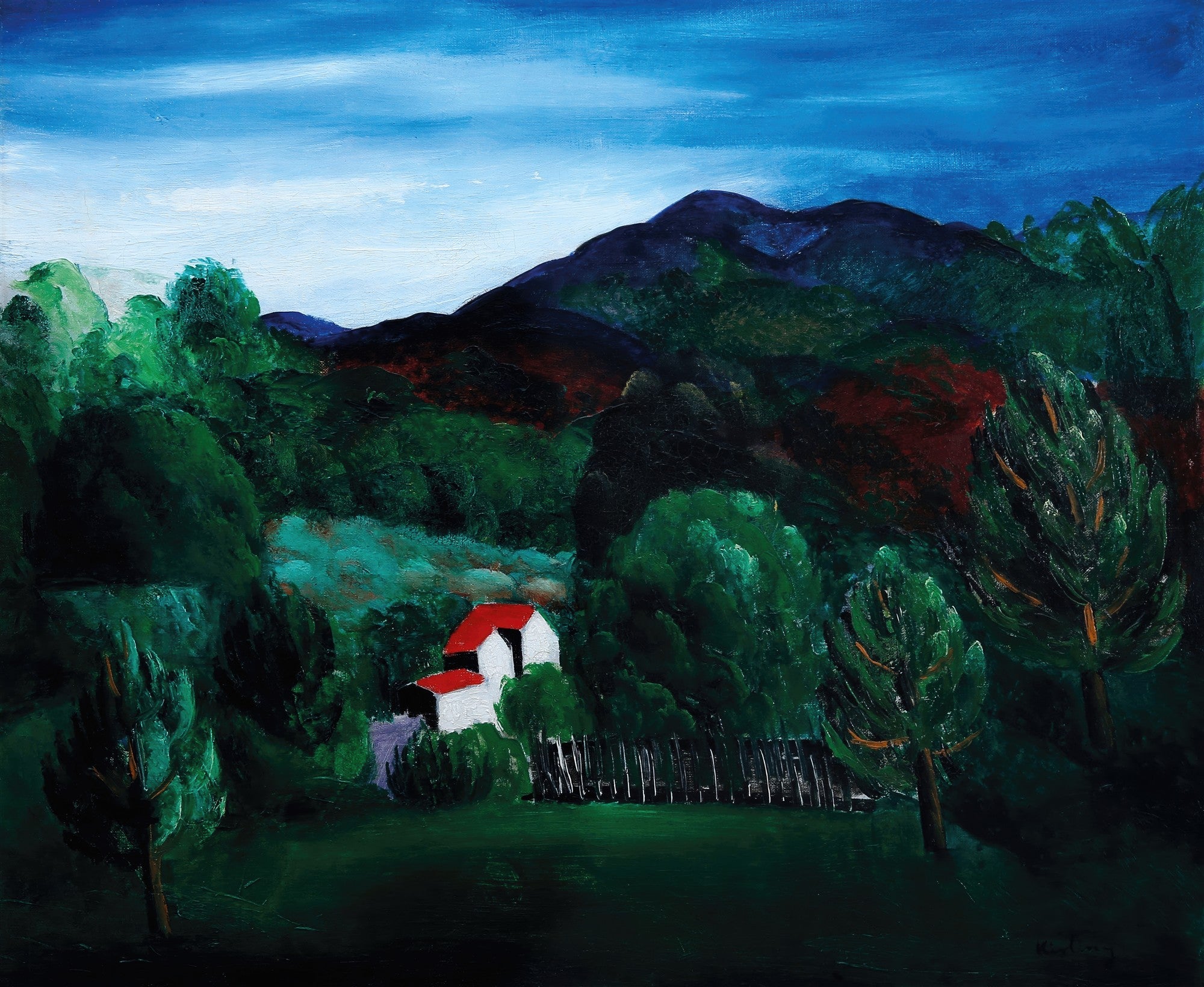 Quadro decorativo paisagem noturna ou entardecer com casa branca e telhado vermelho em meio a floresta densa e montanhas escuras, céu azul escuro com nuvens esbranquiçadas, obra atribuída a Moïse Kisling