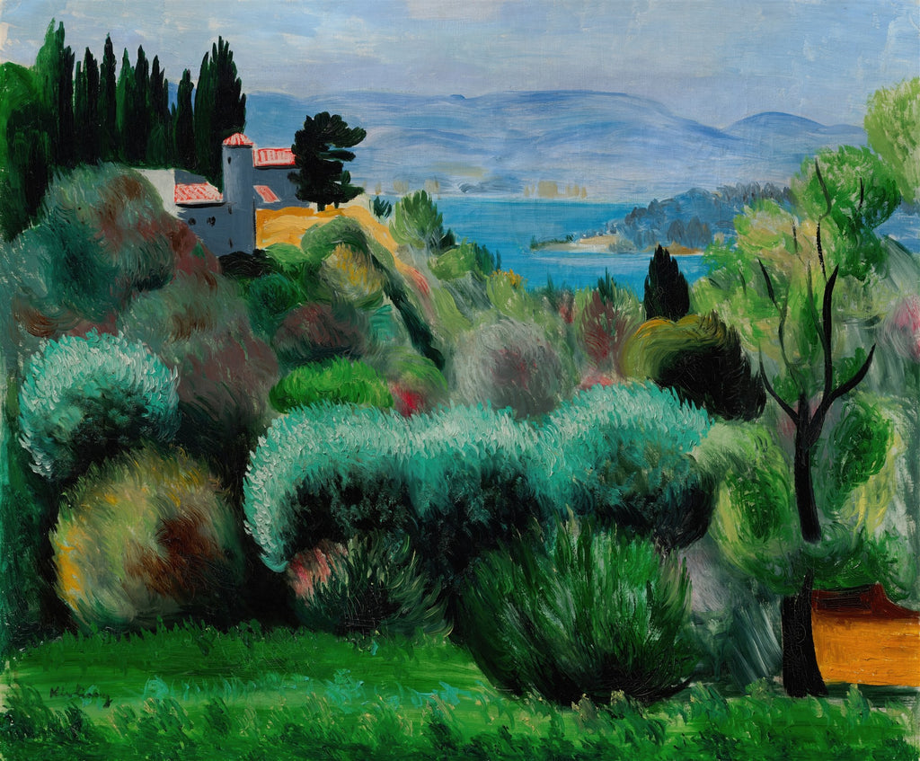 Quadro decorativo paisagem mediterrânea atribuída a Moïse Kisling, com casa em colina, mar azul e vegetação exuberante.