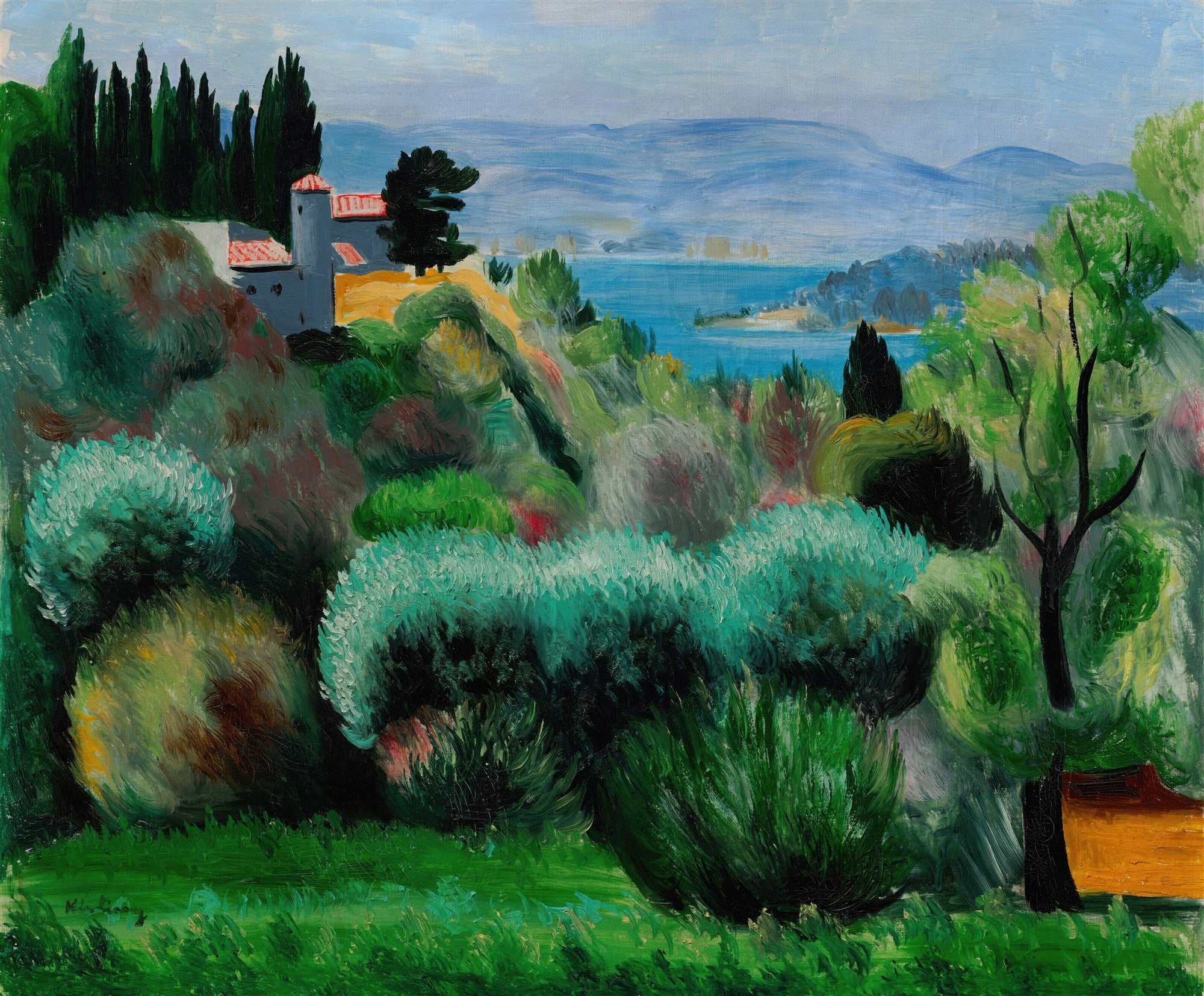Quadro decorativo paisagem mediterrânea atribuída a Moïse Kisling, com casa em colina, mar azul e vegetação exuberante.
